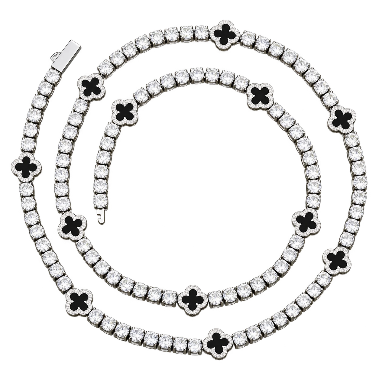 Tennis chain with black clover motifs and stone-set borders — AI-edited studio preview