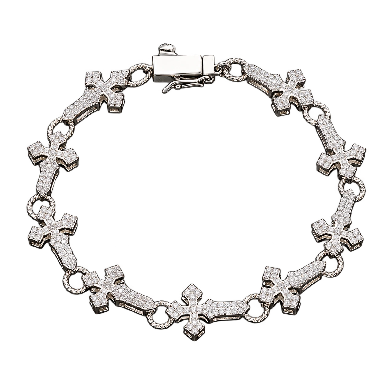 Bracelet made of stone-set cross links joined by rope-textured rings — AI-edited studio preview