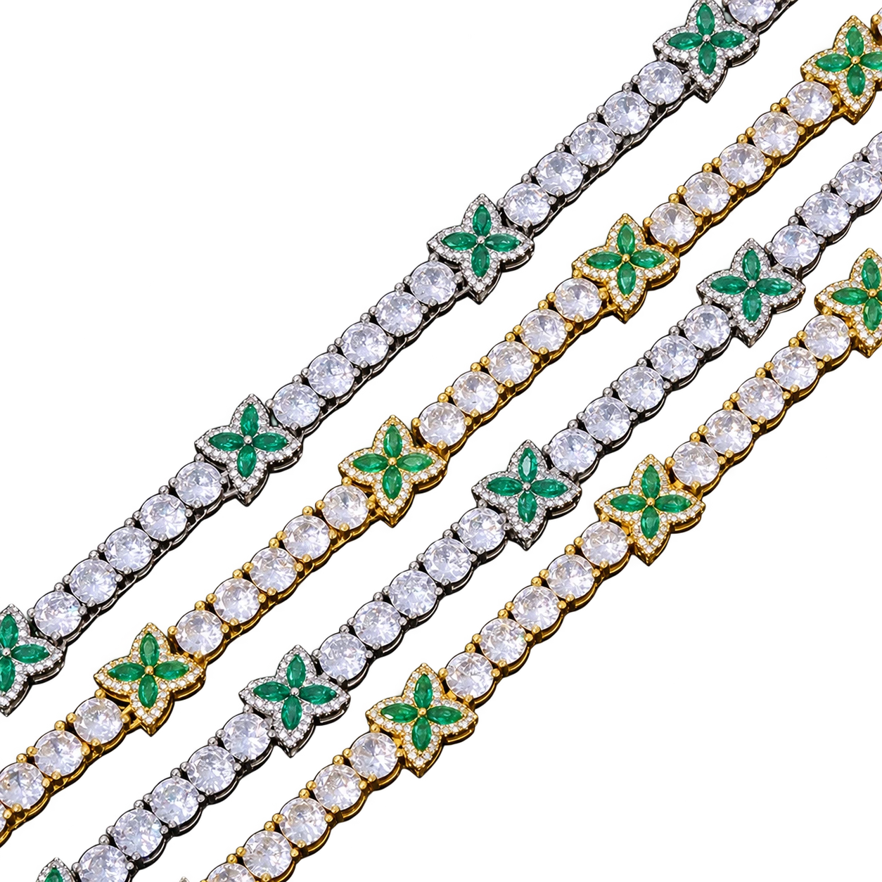 Tennis chains with green floral details in light and yellow metal tones — AI-edited studio preview