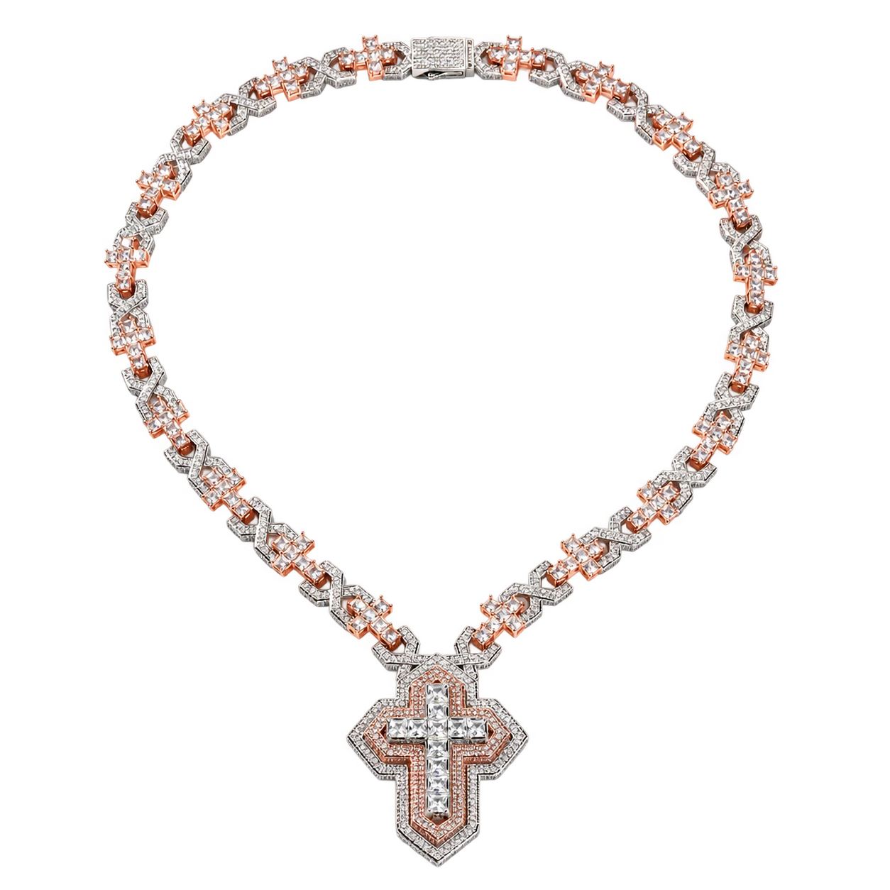 Two-tone cross pendant with a matching decorative link chain — AI-edited studio preview