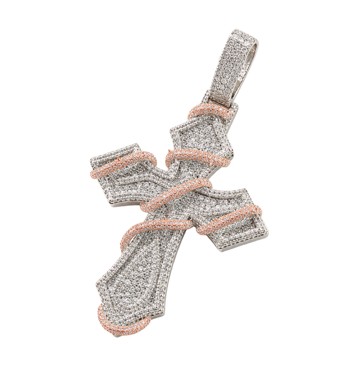 Layered cross pendant with rose-tone edging on a tennis chain — AI-edited studio preview