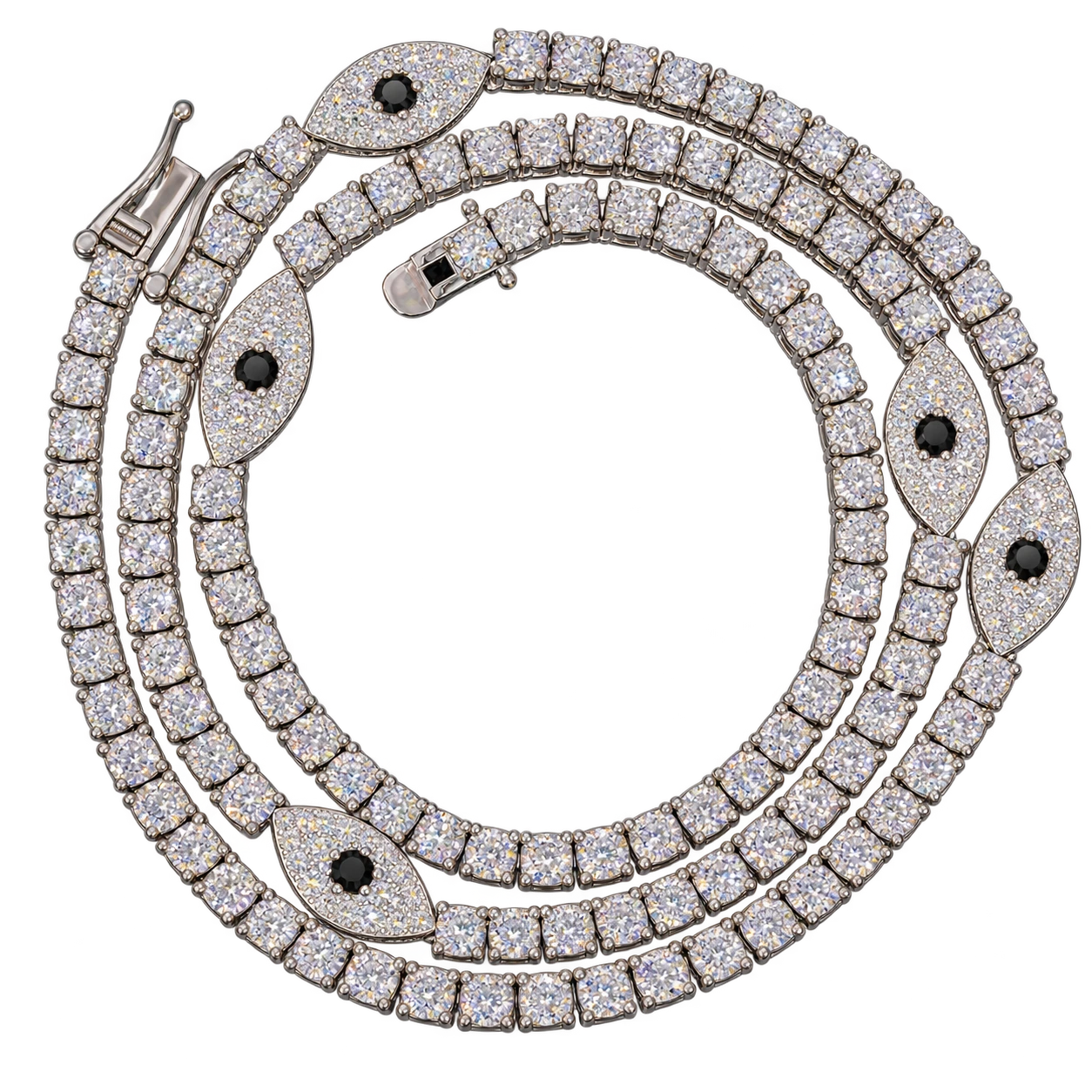 Tennis chain with eye-shaped details and dark center stones — AI-edited studio preview