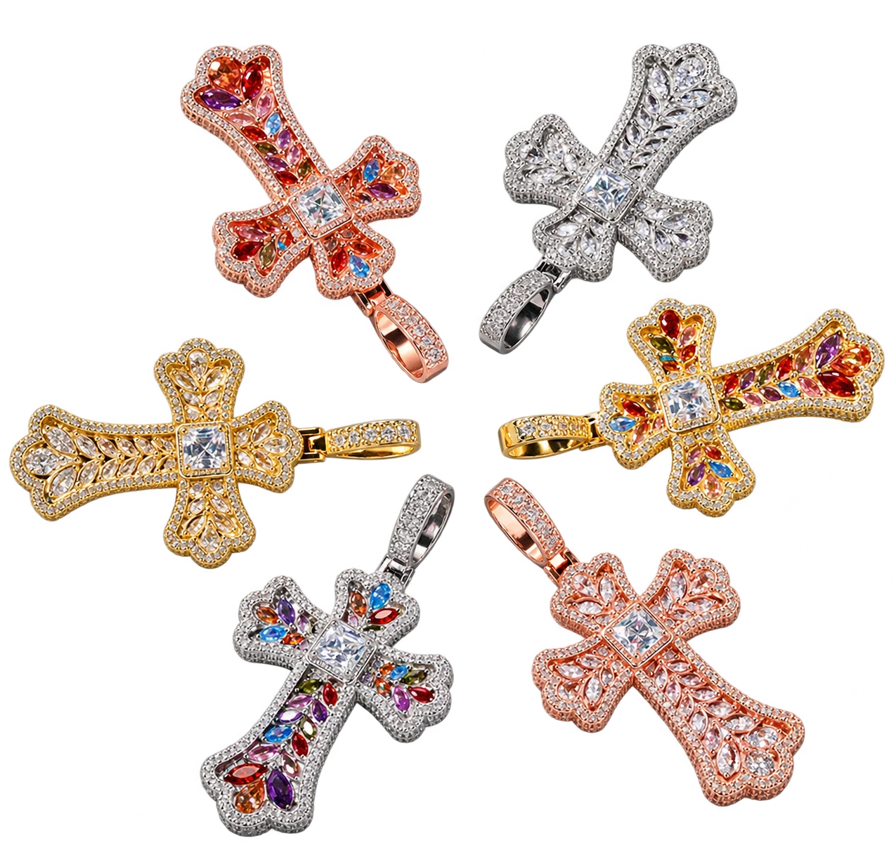 Six decorative cross pendants in different metal tones and stone colors — AI-edited studio preview