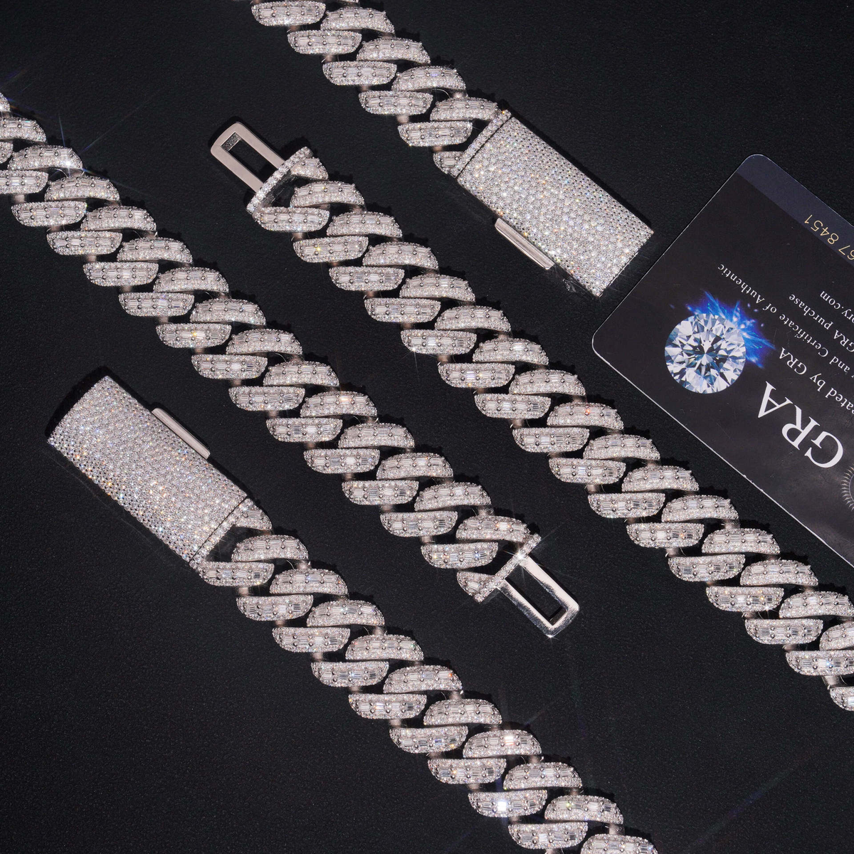 14MM Moissanite Baguette Miami Cuban Link Chain – S925 Silver with GRA card in the background