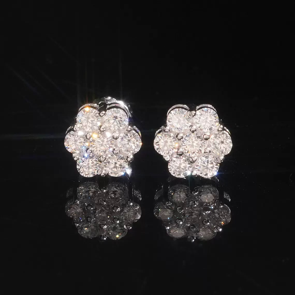 Moissanite Flower Cluster Stud Earrings – S925 Silver, Pair