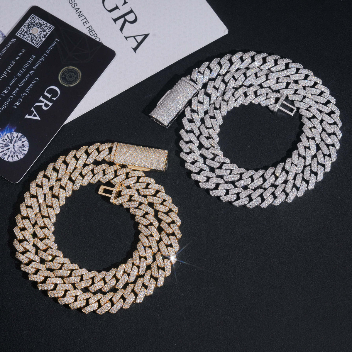 10MM Moissanite Prong-Set Miami Cuban Link Chain – S925 Silver with GRA card in the background