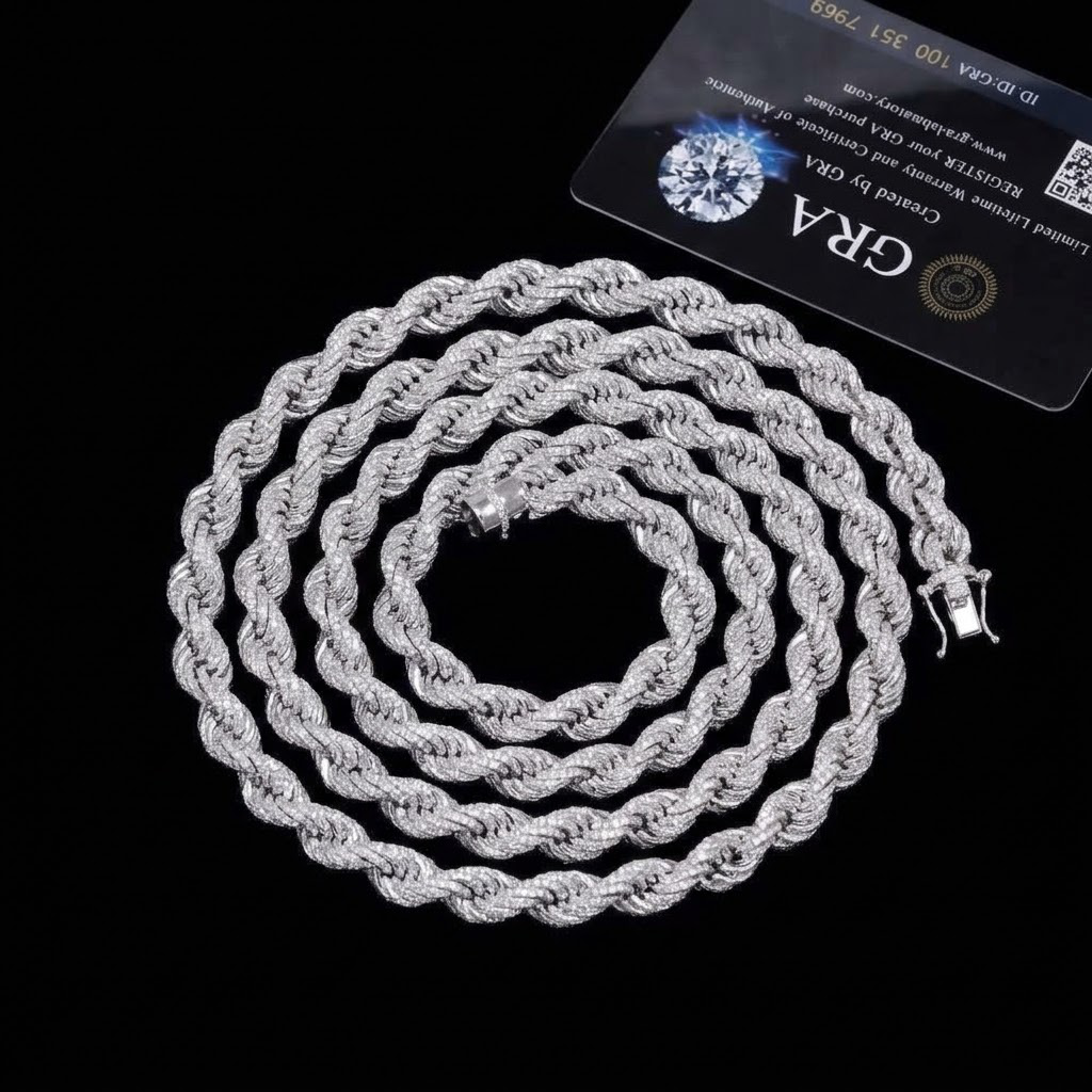 9MM Moissanite Pavé Rope Chain and Bracelet – S925 Silver with GRA card in the background