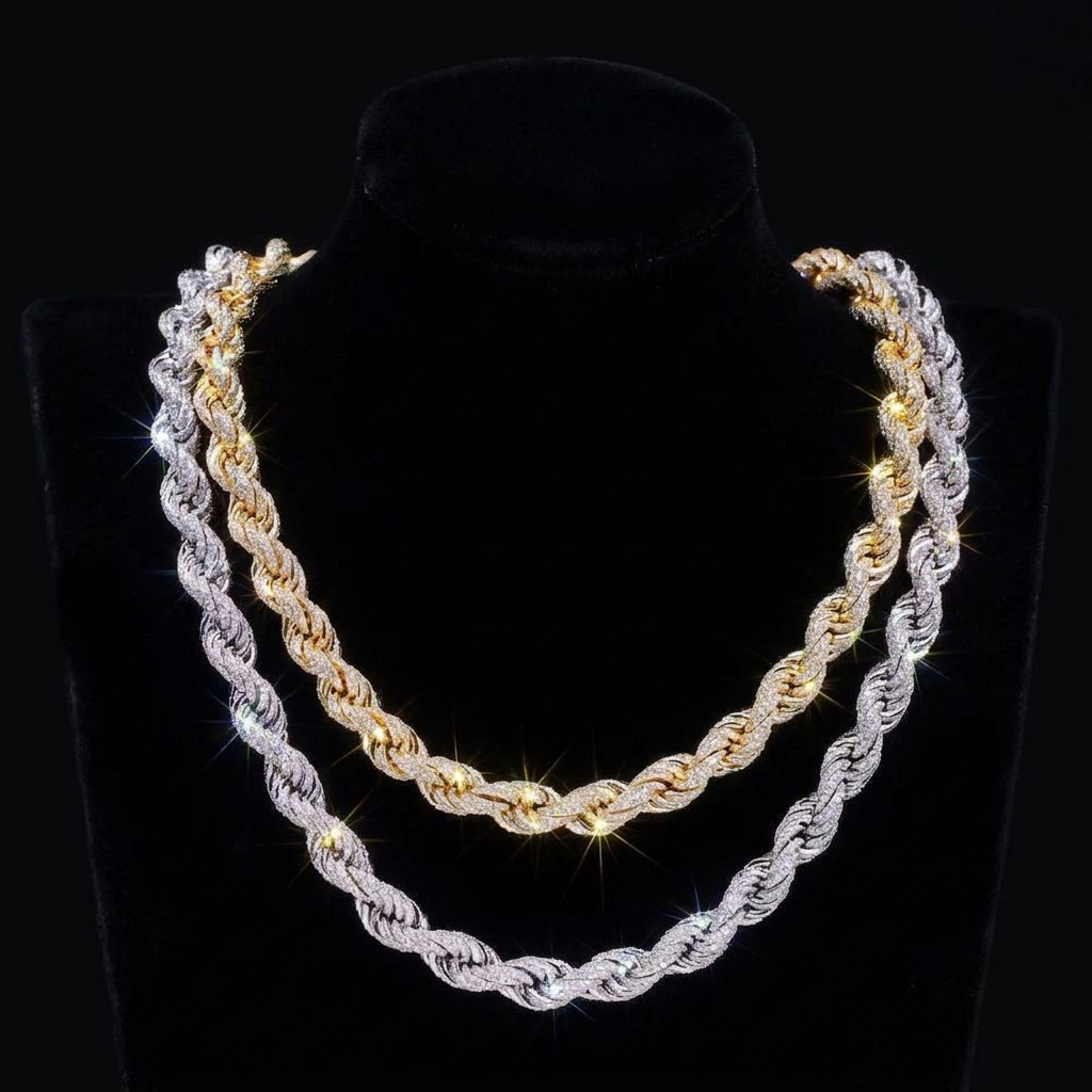 7MM Moissanite Pavé Rope Chain – S925 Silver, Chain & Bracelet