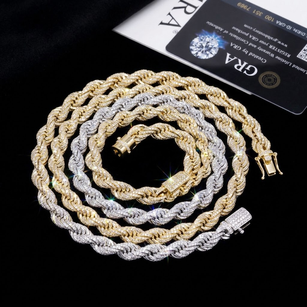 9MM Moissanite Pavé Rope Chain – S925 Silver, Chain & Bracelet