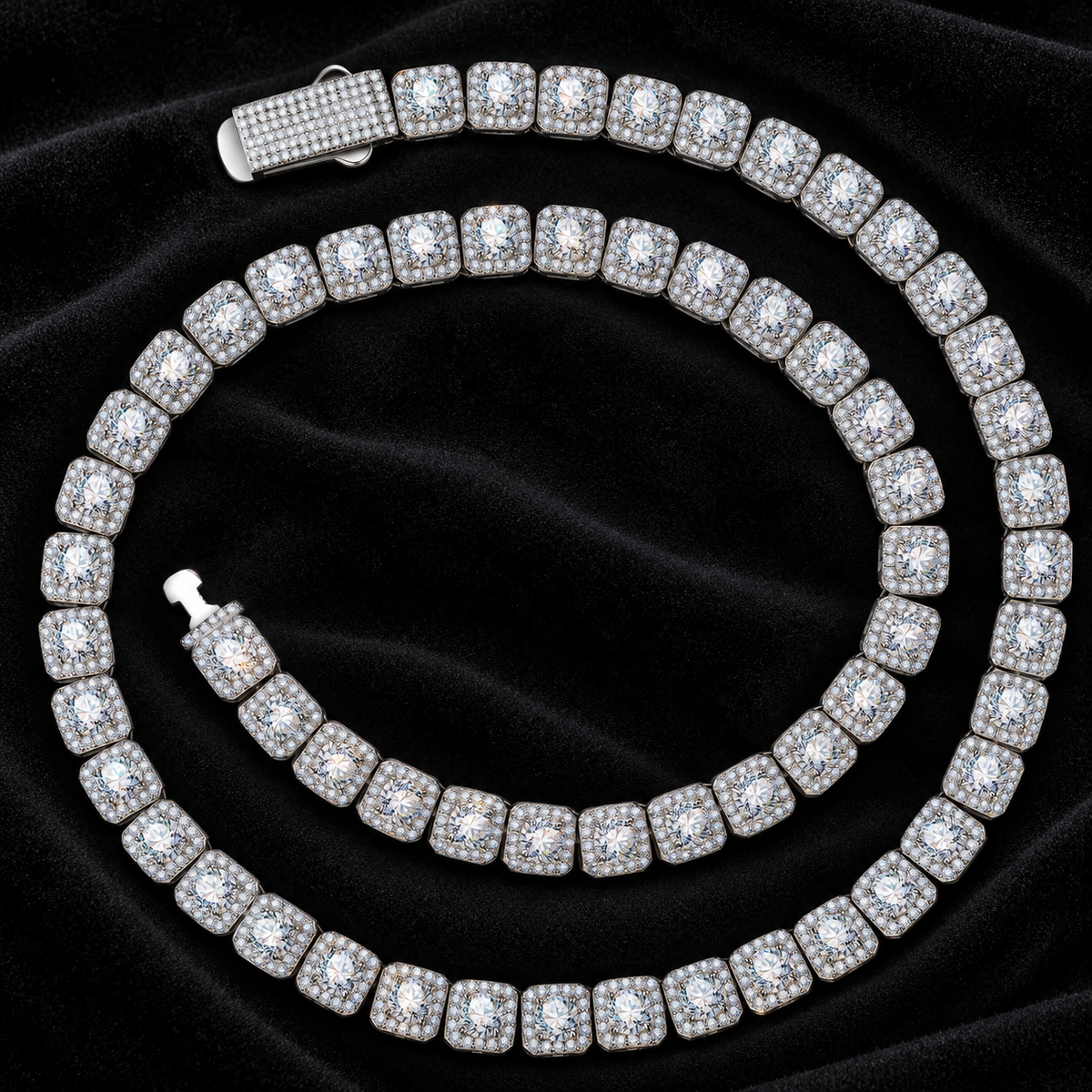10MM Moissanite Square Halo Cluster Tennis Chain – S925 Silver, Chain & Bracelet