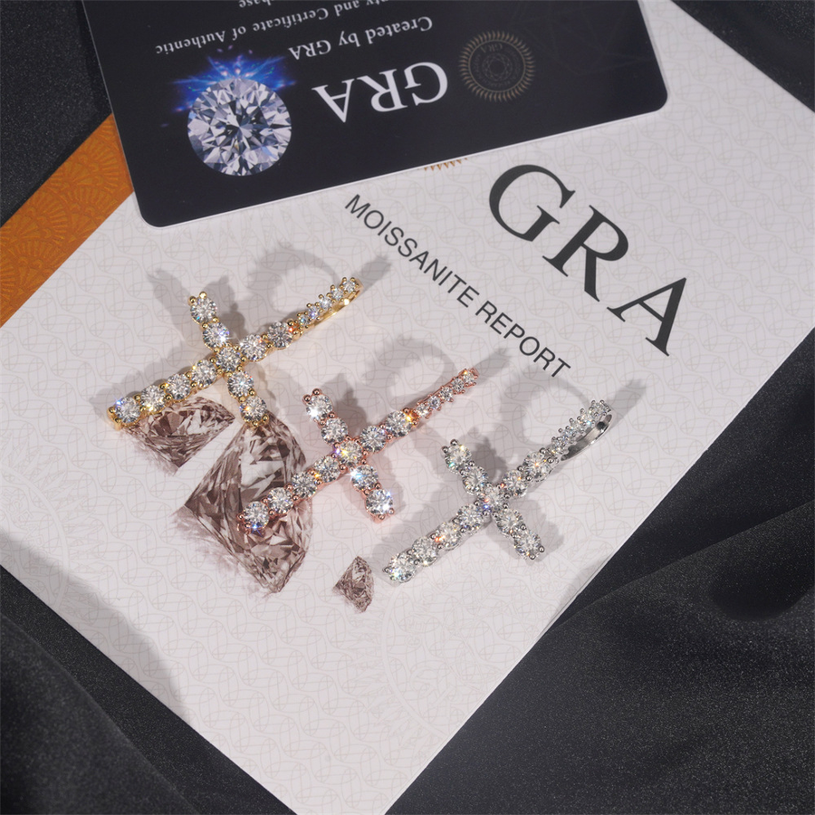 Iced Out Moissanite Cross Pendant – 925 Sterling Silver with GRA card in the background