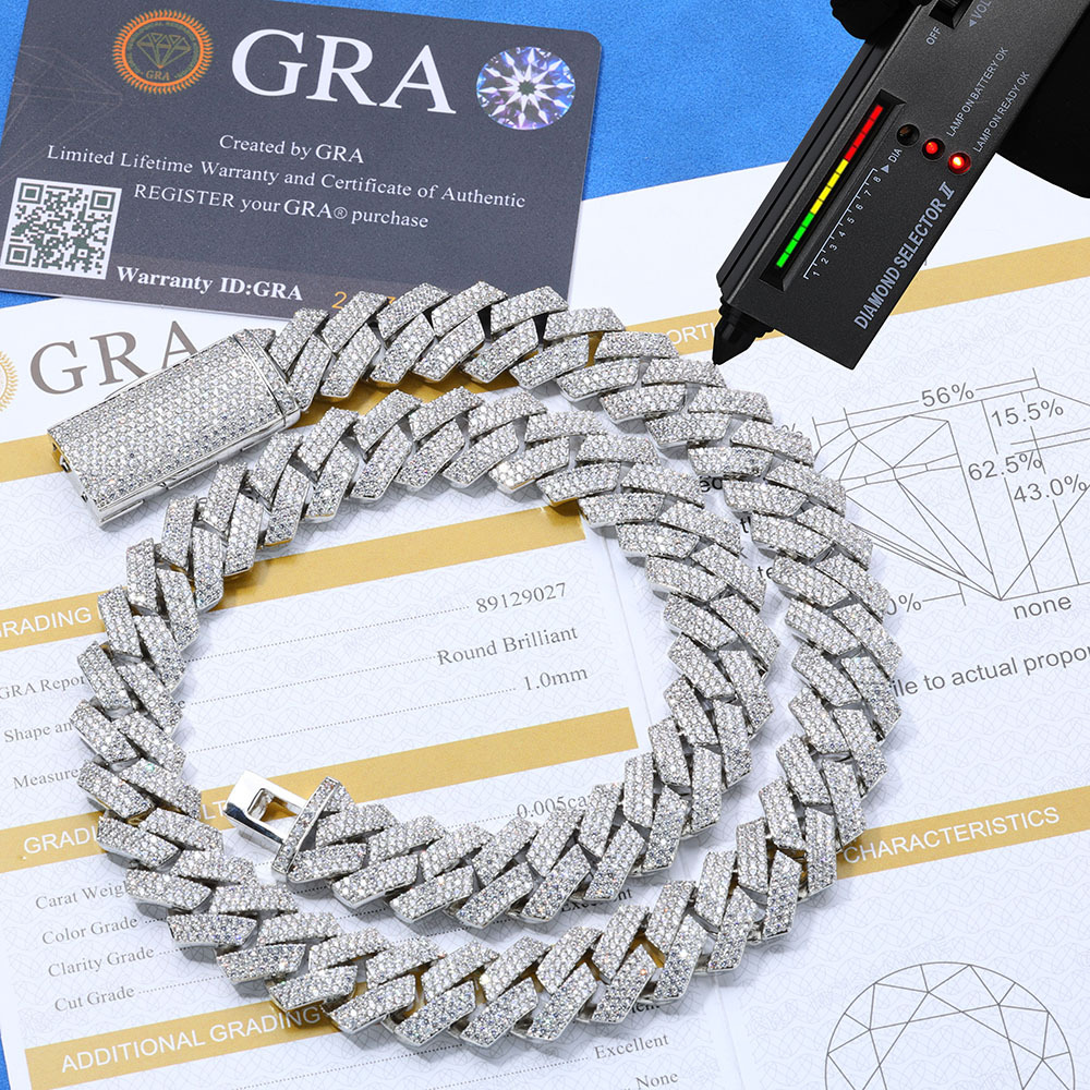 18MM Moissanite Heavyweight Miami Cuban Link Chain – S925 Silver, Chain & Bracelet with GRA card in the background