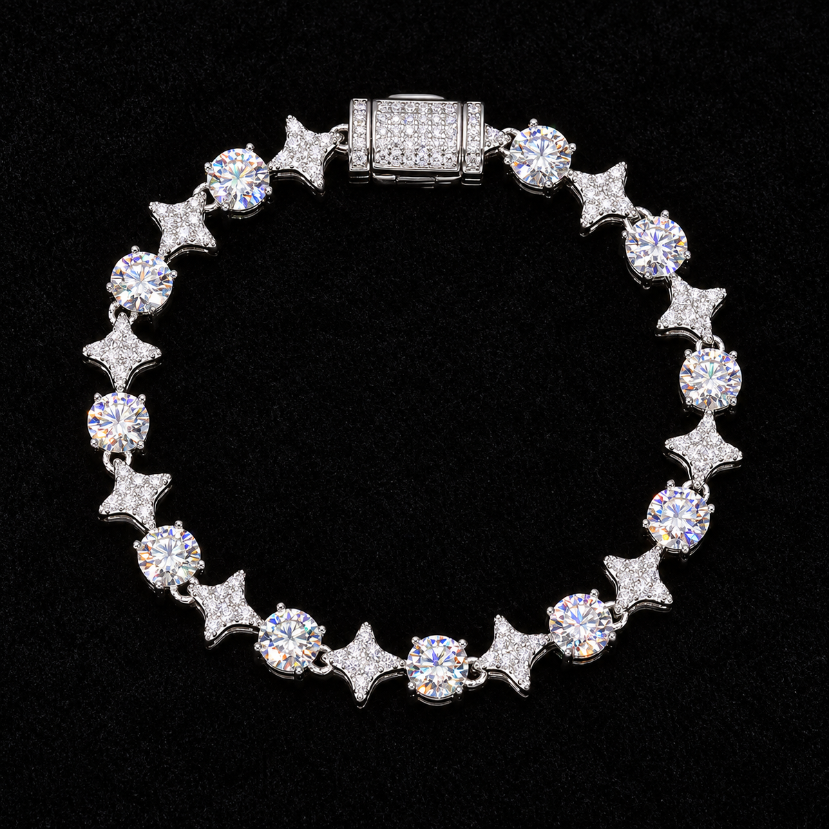 8MM Moissanite Star Tennis Chain – S925 Silver on a black background