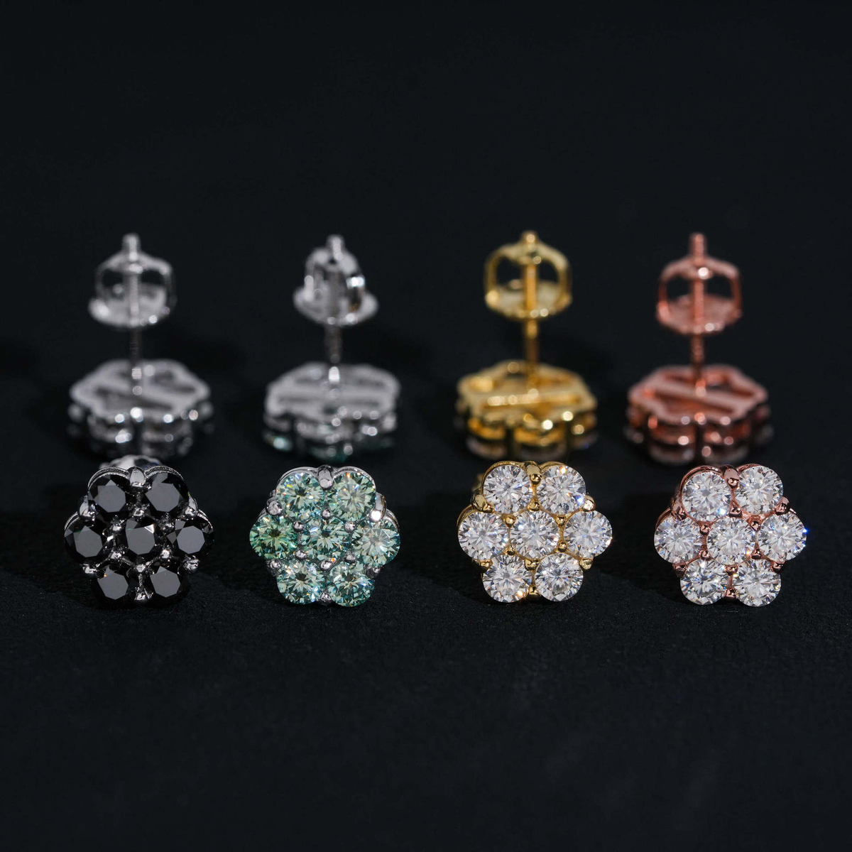 Moissanite Flower Cluster Stud Earrings – S925 Silver, Pair