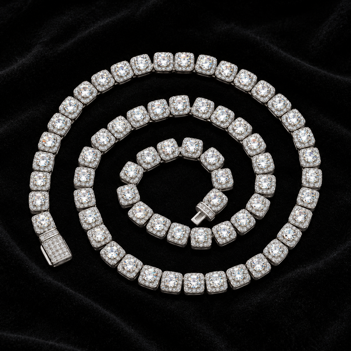 8MM Moissanite Square Halo Cluster Tennis Chain – S925 Silver, Chain & Bracelet on a black background