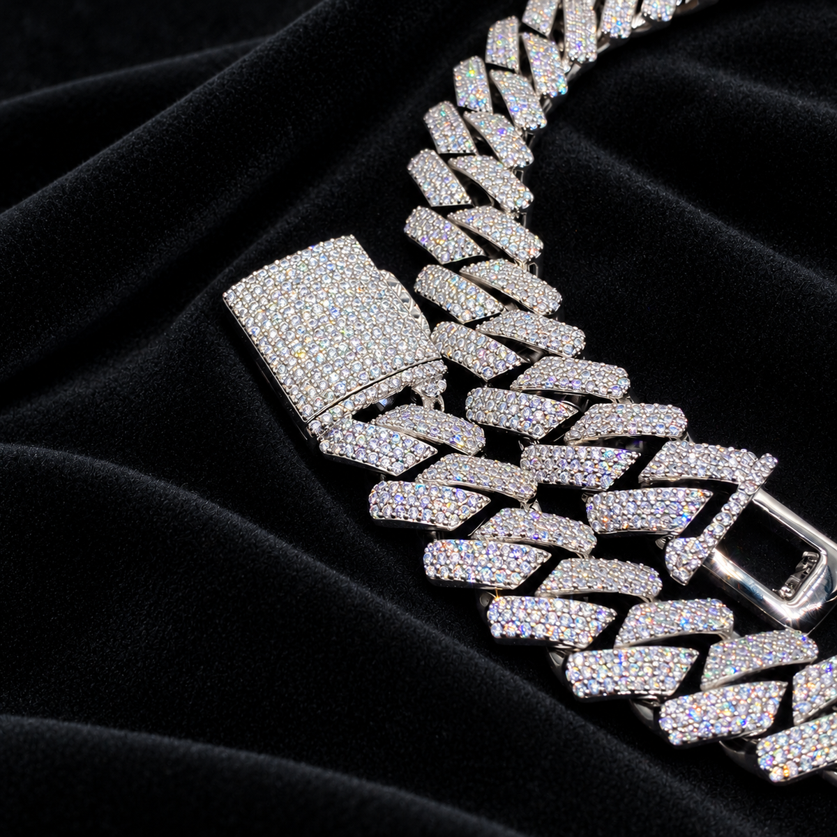 18MM Moissanite Heavyweight Miami Cuban Link Chain – S925 Silver, Chain & Bracelet — original finish on black velvet with moissanite fire