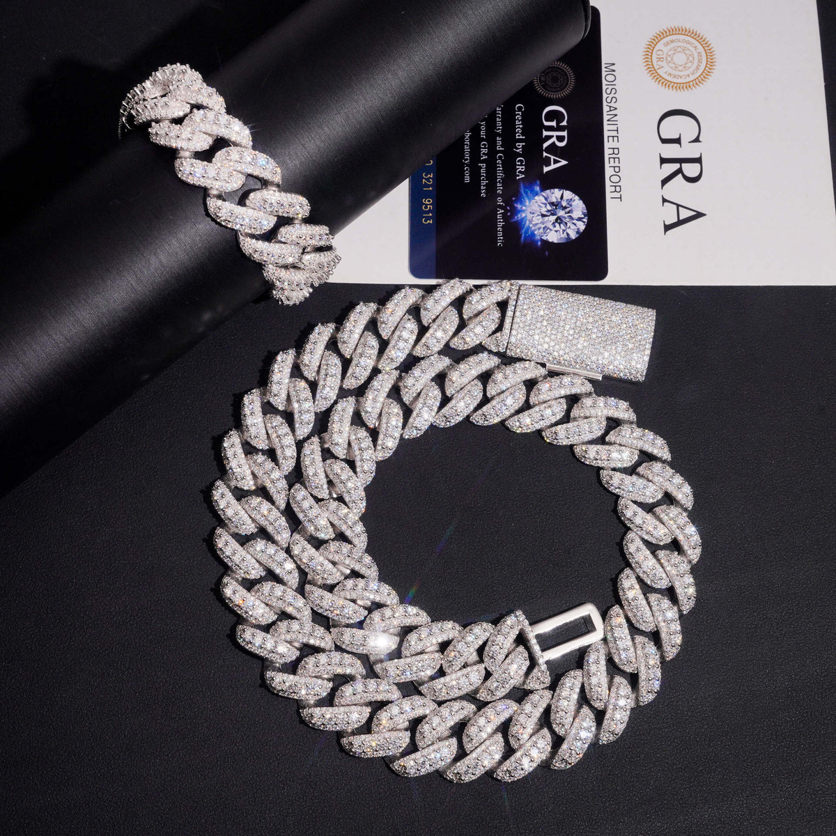 22MM Moissanite Baguette Miami Cuban Link Chain – S925 Silver, Chain & Bracelet with GRA card in the background