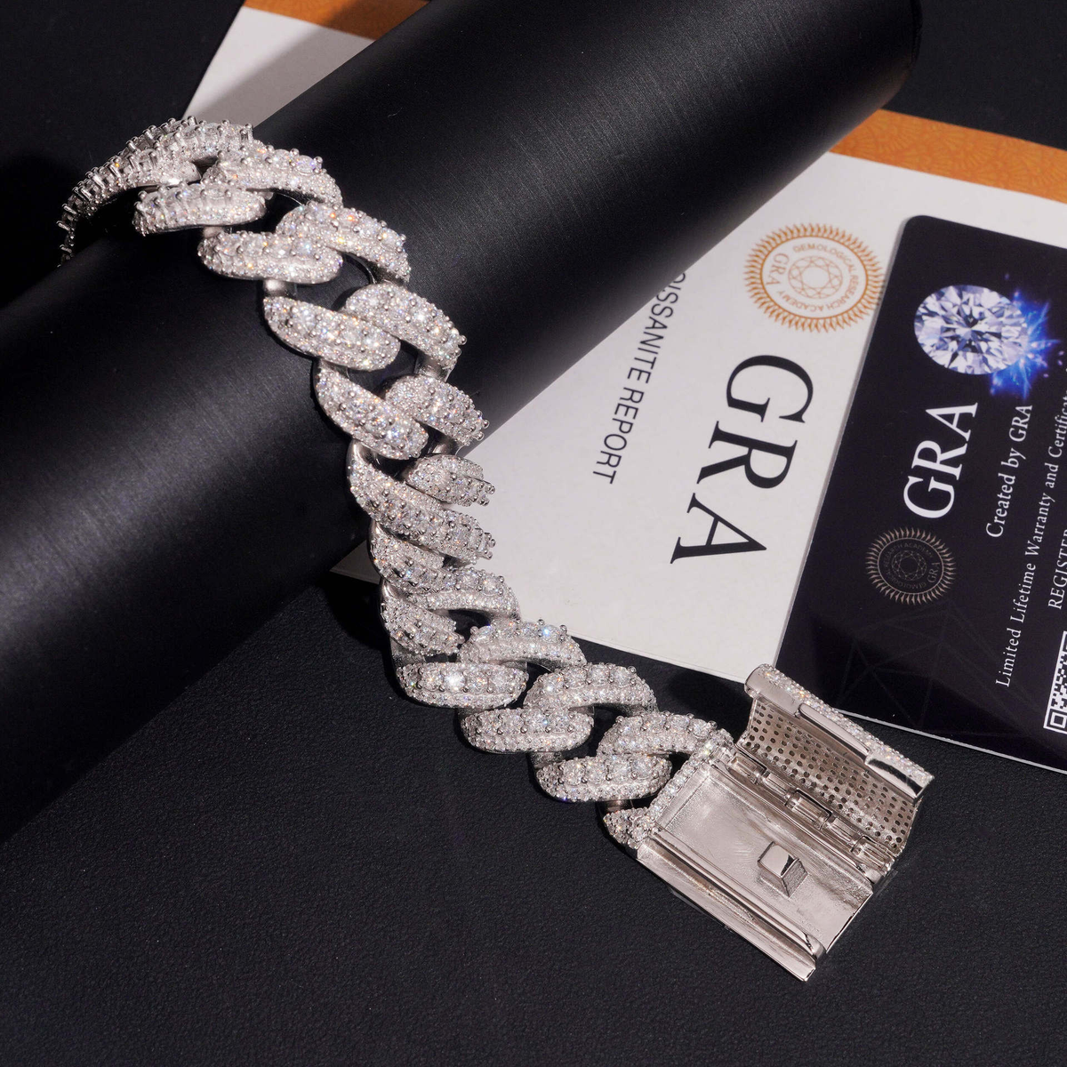 14MM Moissanite Baguette Miami Cuban Link Bracelet – S925 Silver with GRA card in the background