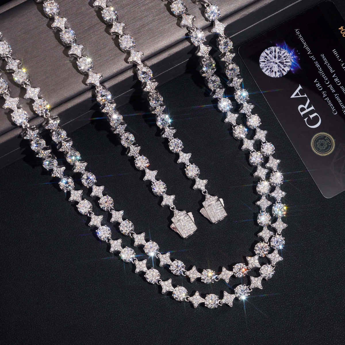 8MM Moissanite Star Tennis Bracelet – S925 Silver with GRA card in the background
