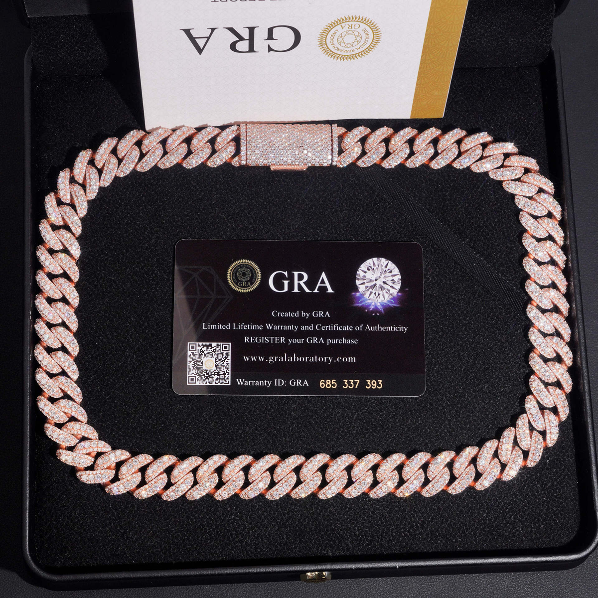 17MM Moissanite Pavé Miami Cuban Link Chain – S925 Silver with GRA card in the background