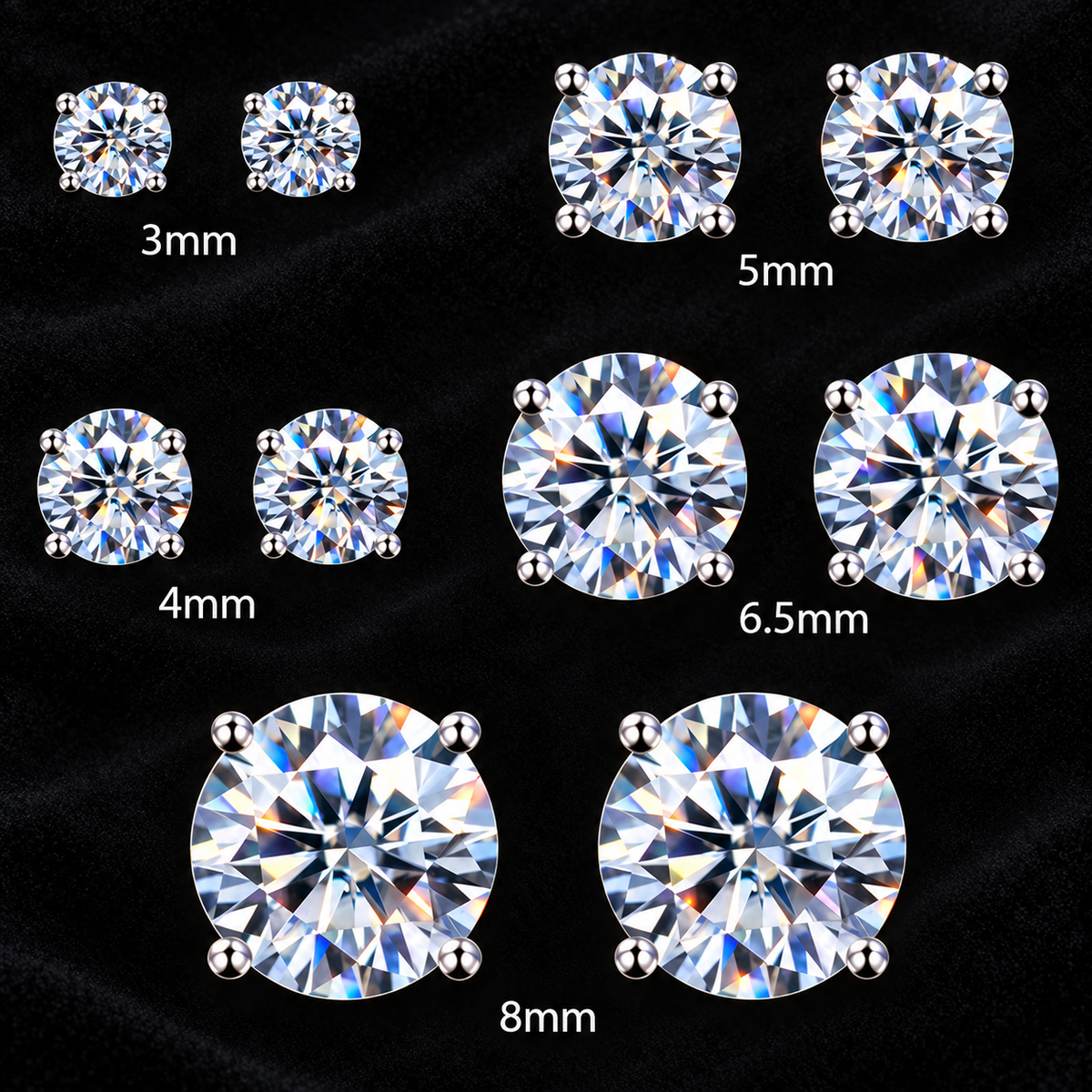 Moissanite Round Solitaire Stud Earrings – S925 Silver, 3mm–12mm
