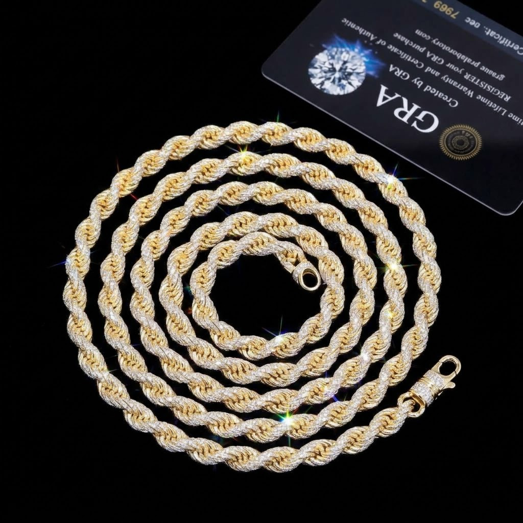 9MM Moissanite Pavé Rope Chain – S925 Silver, Chain & Bracelet