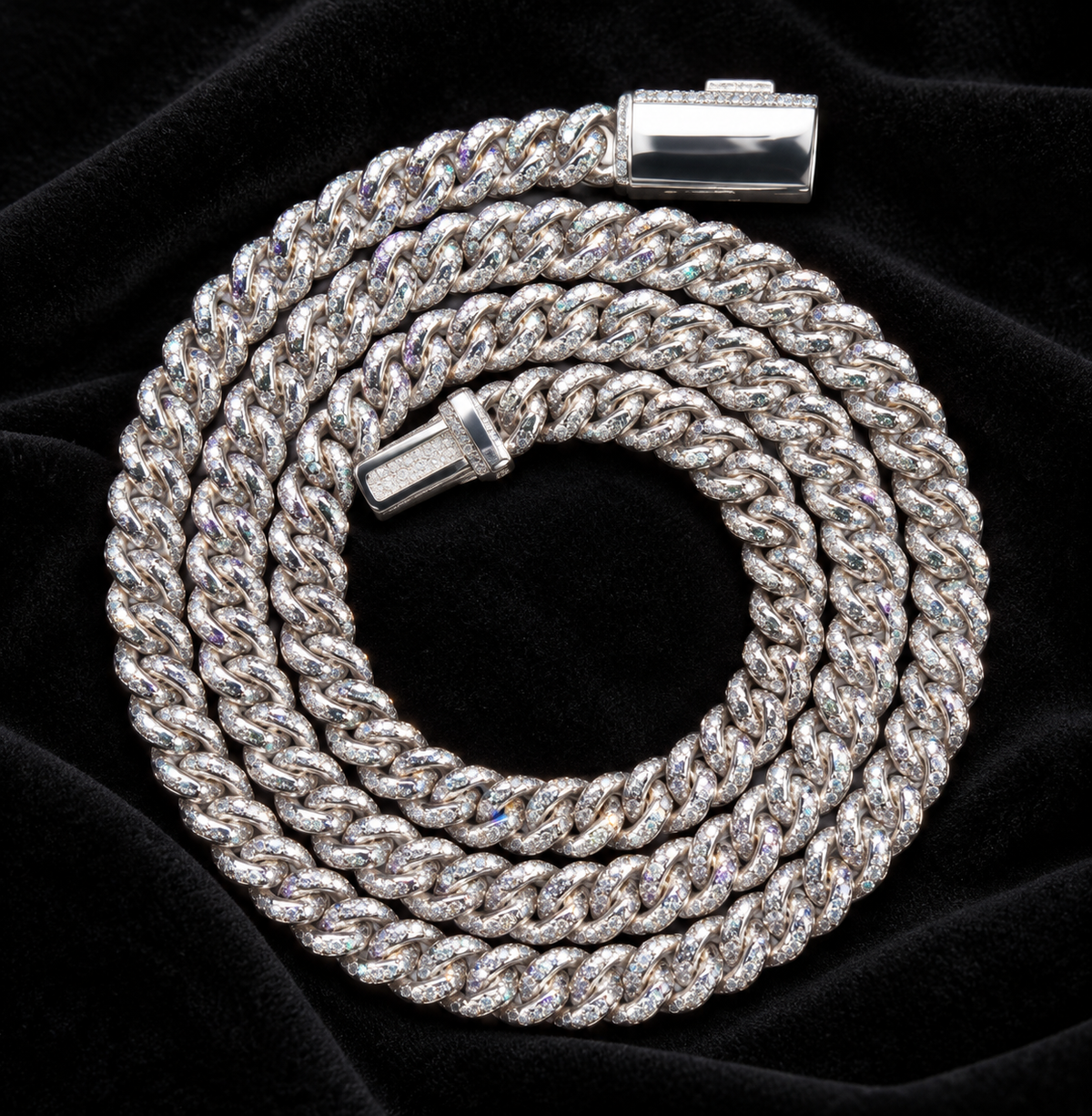 10MM Moissanite Domed Pavé Cuban Link Bracelet – S925 Silver — original finish on black velvet with moissanite fire