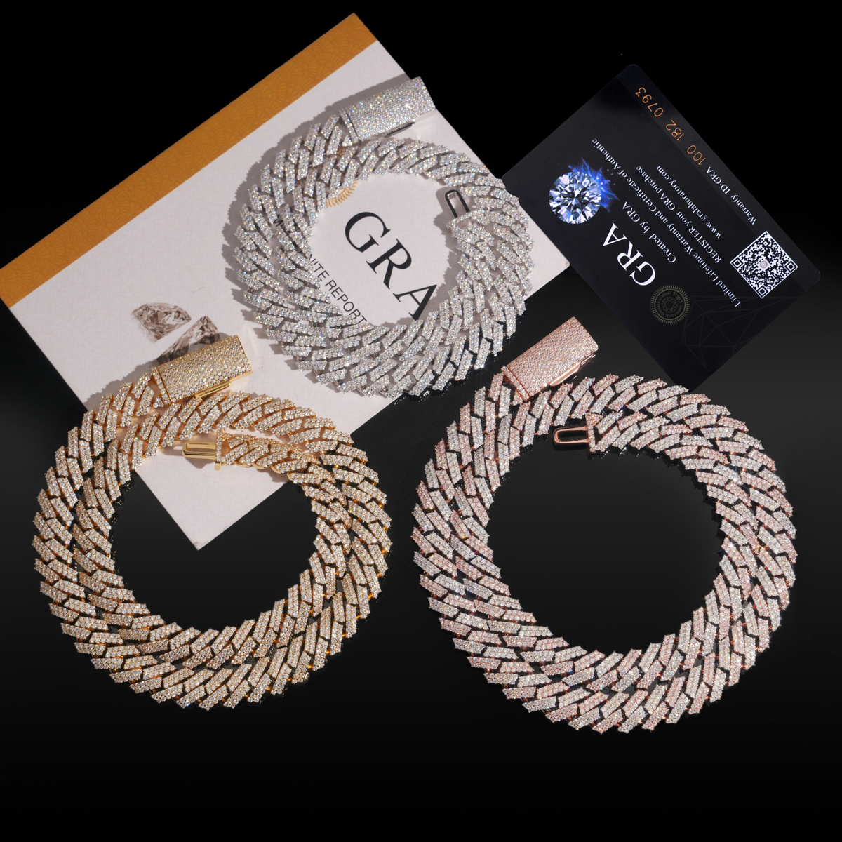 15MM Moissanite Prong-Set Miami Cuban Link Chain and Bracelet – S925 Silver with GRA card in the background