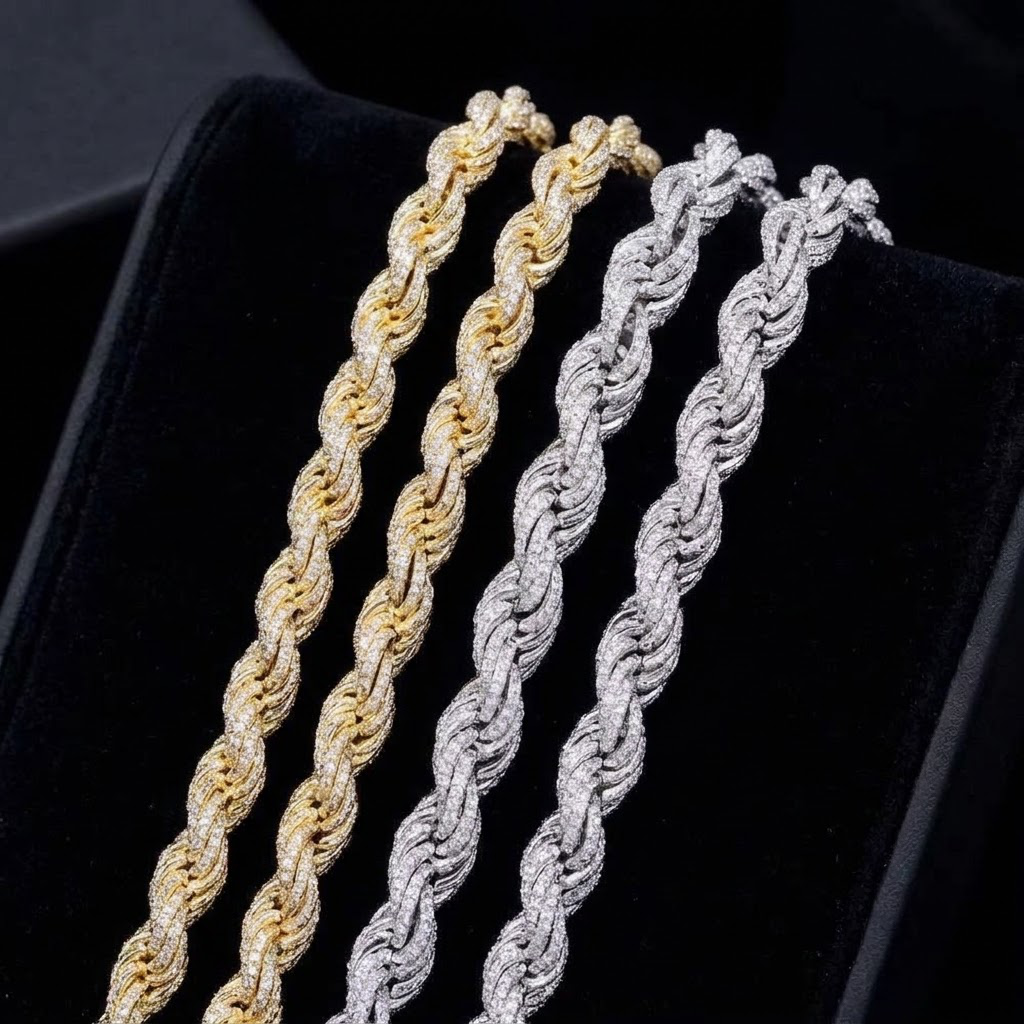 9MM Moissanite Pavé Rope Chain – S925 Silver, Chain & Bracelet