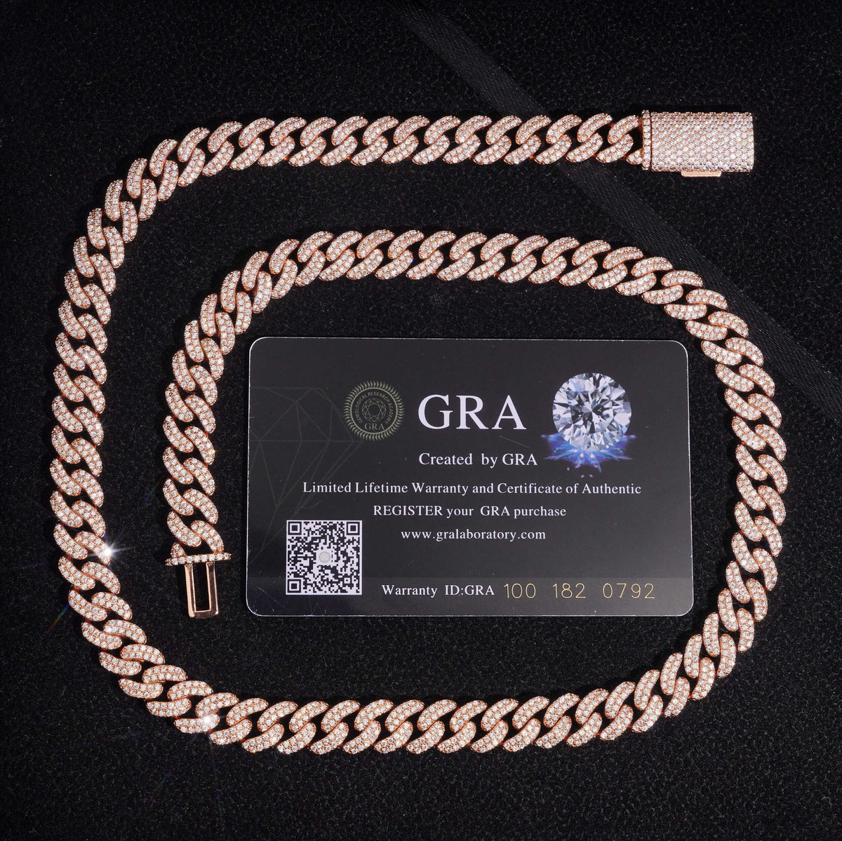 8MM Moissanite Pavé Miami Cuban Link Chain and Bracelet – S925 Silver with GRA card in the background