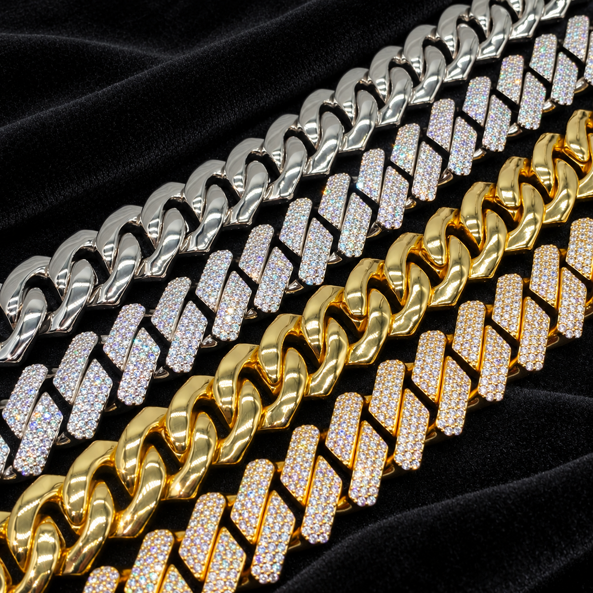 18MM Moissanite Heavyweight Miami Cuban Link Chain – S925 Silver, Chain & Bracelet — original finish on black velvet with moissanite fire