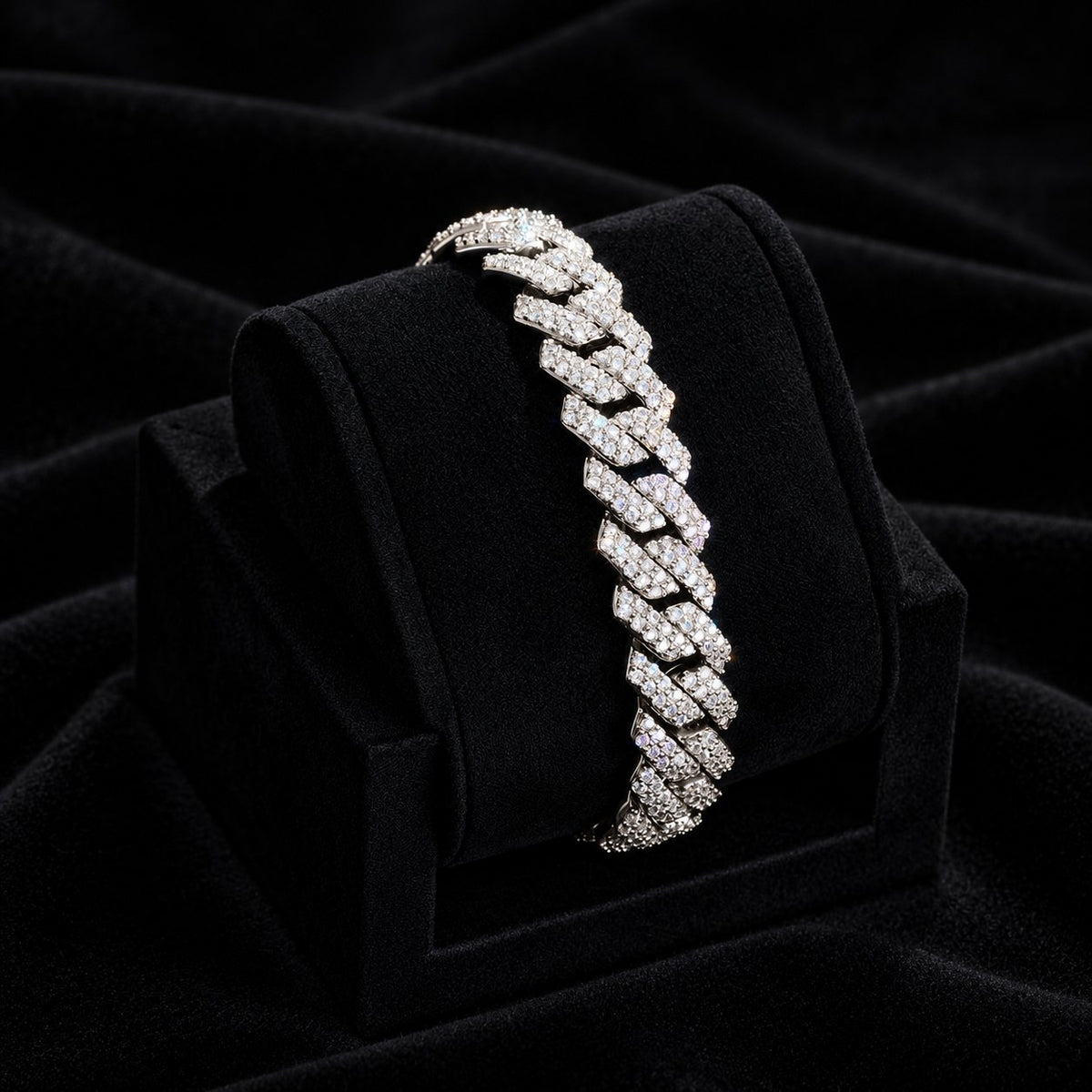 14mm Prong Cuban Bracelet — original finish on black velvet with moissanite fire