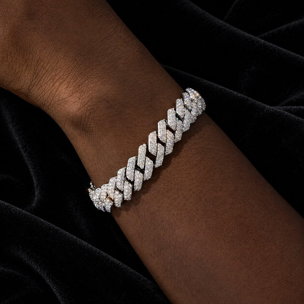 14mm Prong Cuban Bracelet — original finish on black velvet with moissanite fire