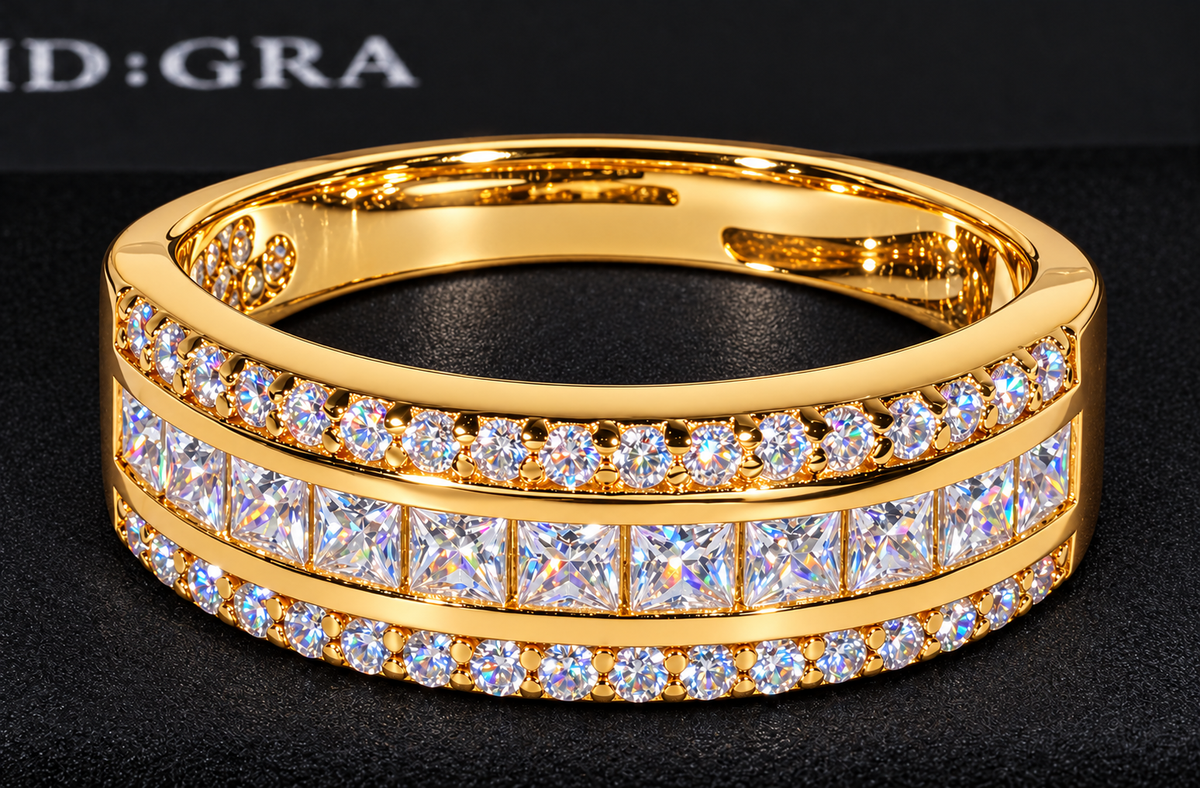 Three-Row Moissanite Band with GRA card in the background