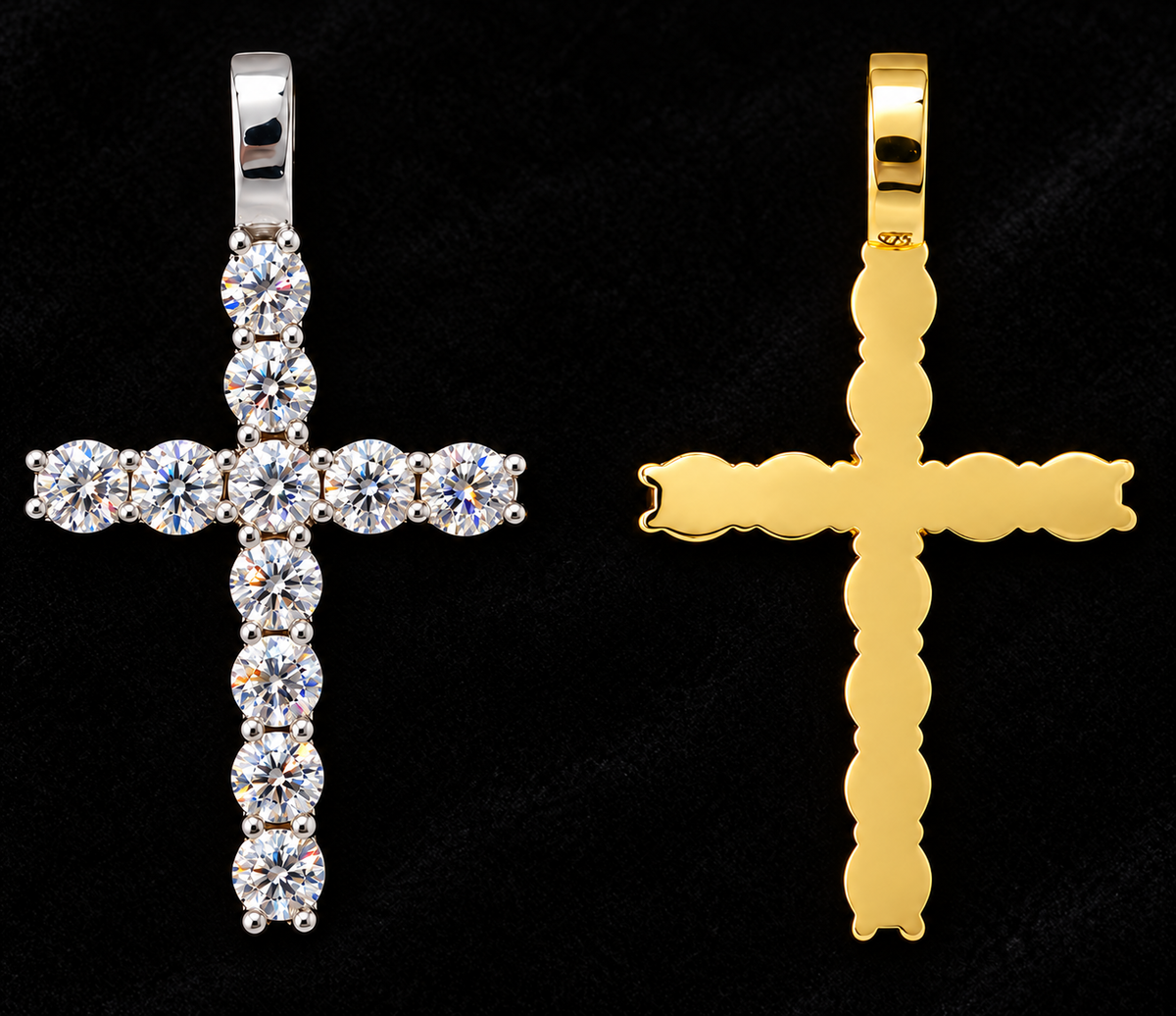 Round-Setting Cross Moissanite Pendant, front and back views on black