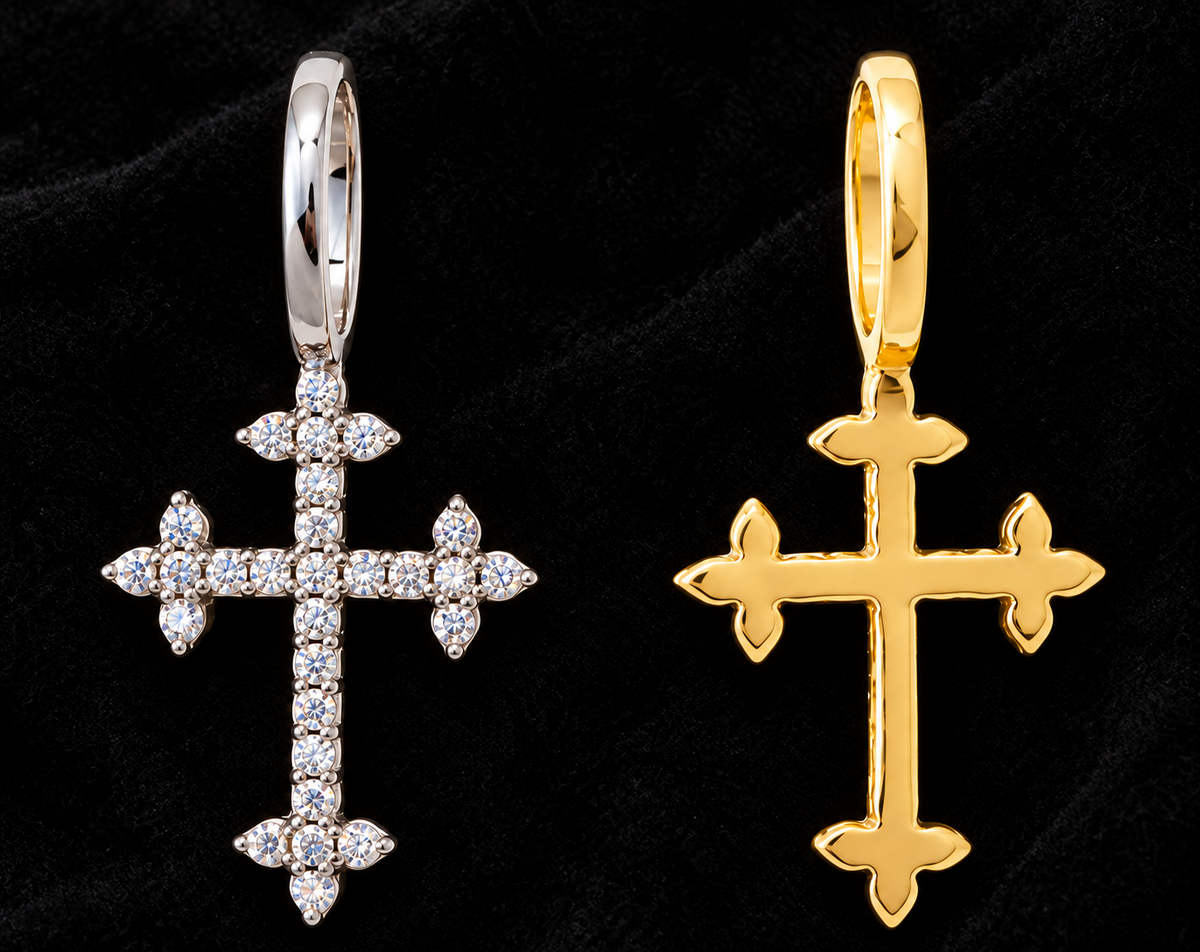 Pointed-Tip Cross Moissanite Pendant, front and back views on black