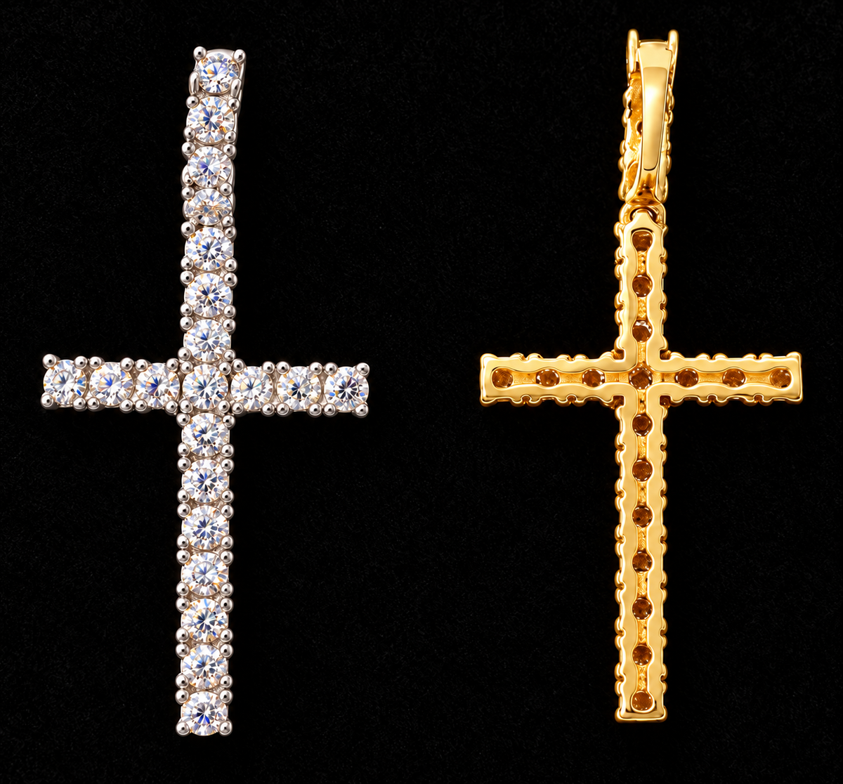 Slim Cross Moissanite Pendant, front and back views on black