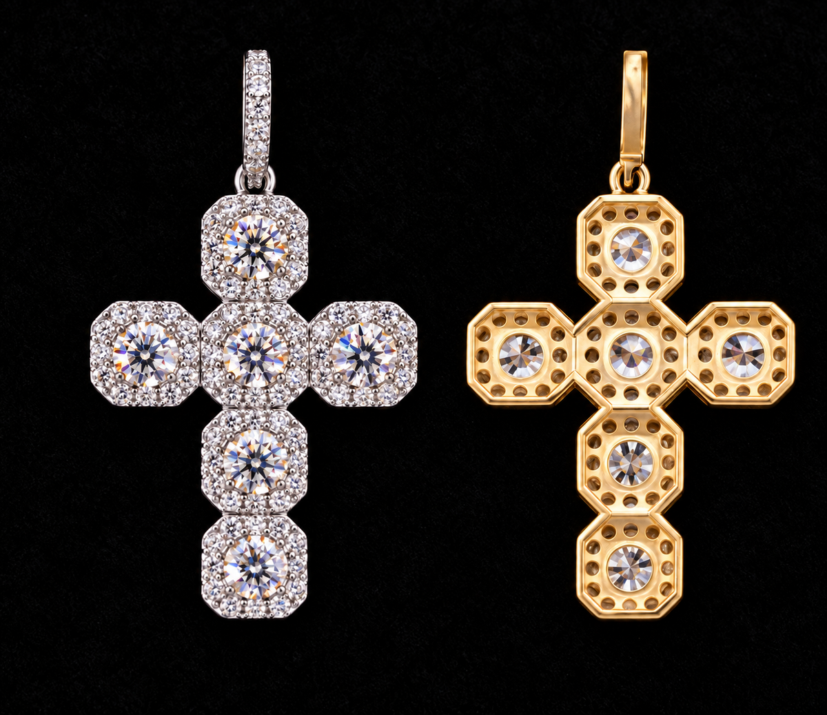 Five-Cluster Cross Moissanite Pendant, front and back views on black