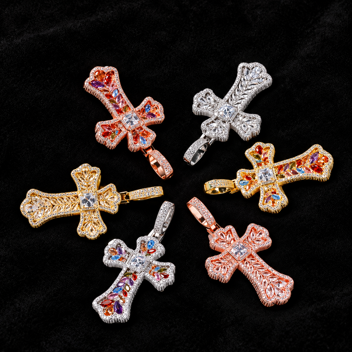 Ornate Cross Pendant on black velvet with crisp gemstone detail