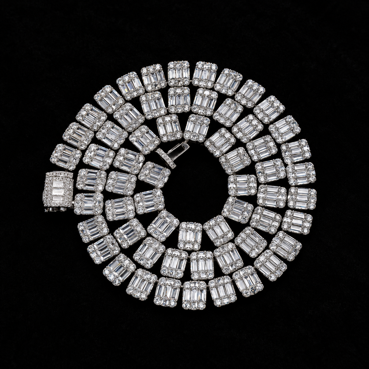 Square Baguette Tennis Chain on black velvet