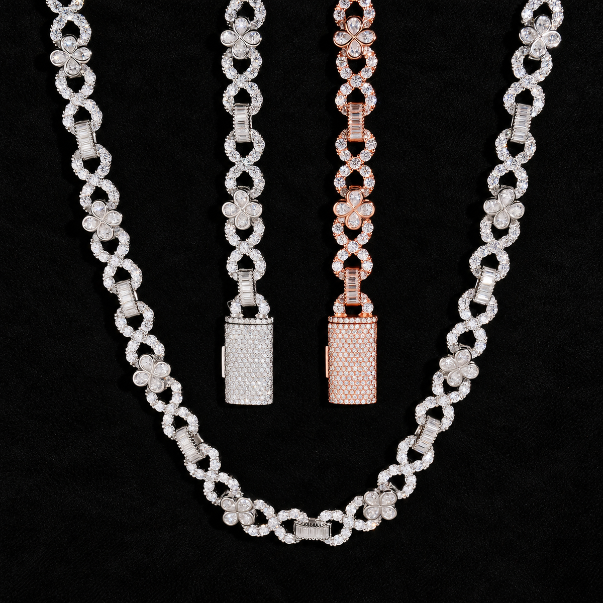 10MM Moissanite Flower Infinity Link Chain – S925 Silver on black velvet