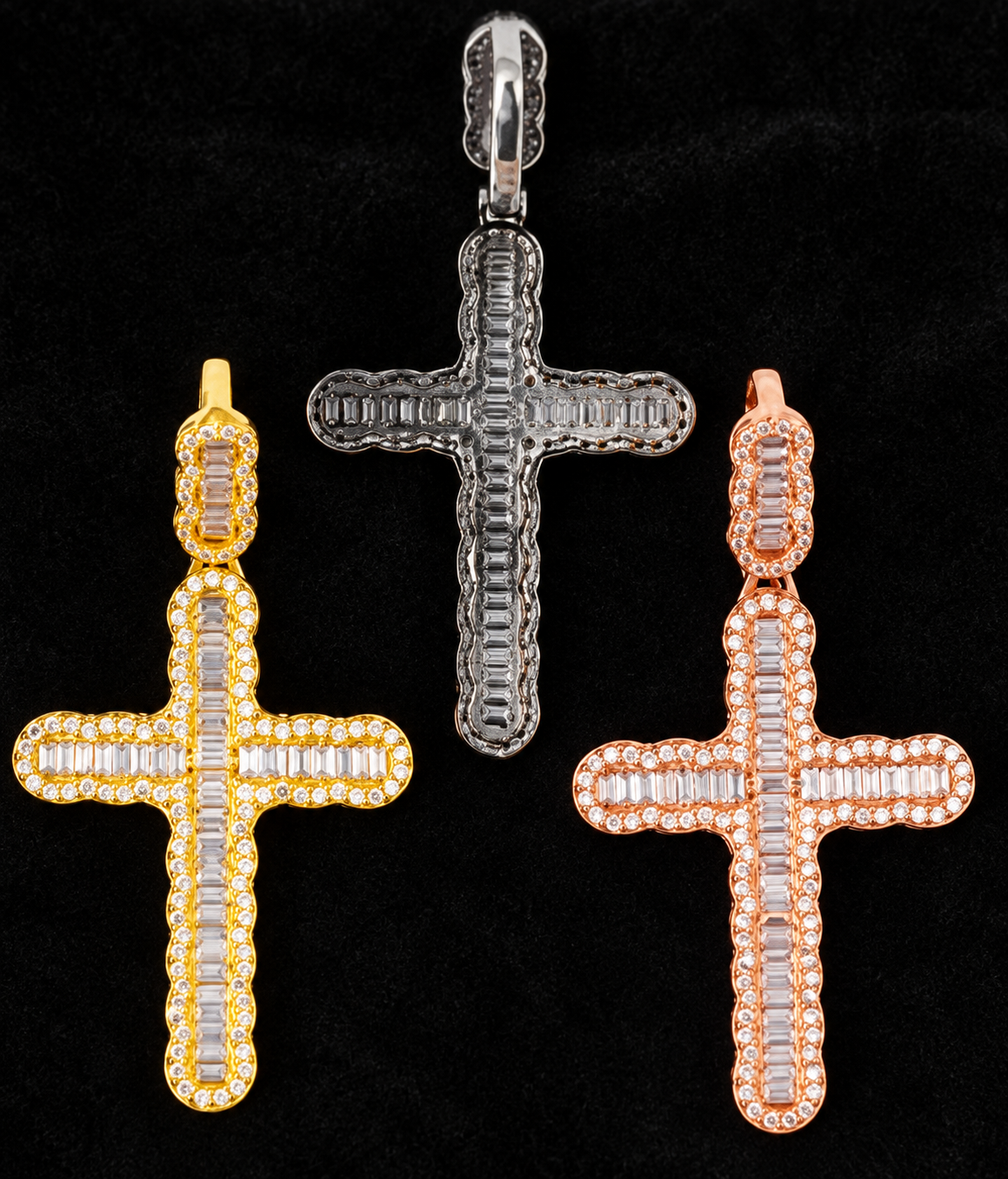 Bordered Cross Moissanite Pendant — original product design with black background and studio lighting.
