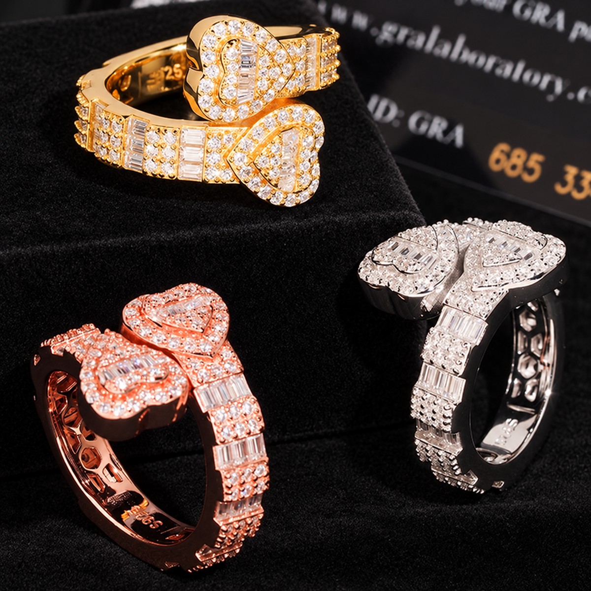 Double-Heart Moissanite Ring — original product design with black background and studio lighting.