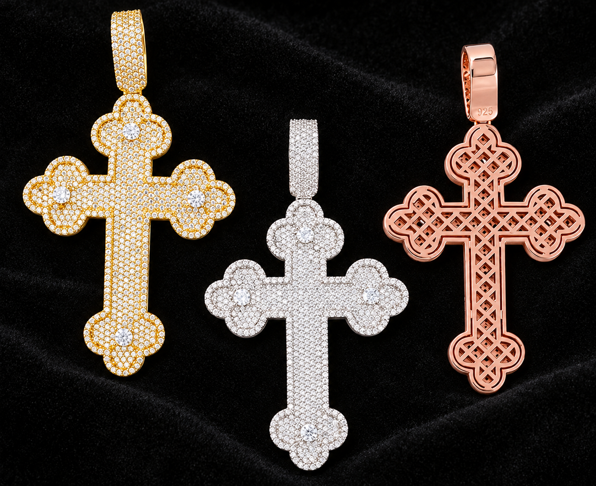 Trefoil Cross Moissanite Pendant — original product design with black background and studio lighting.