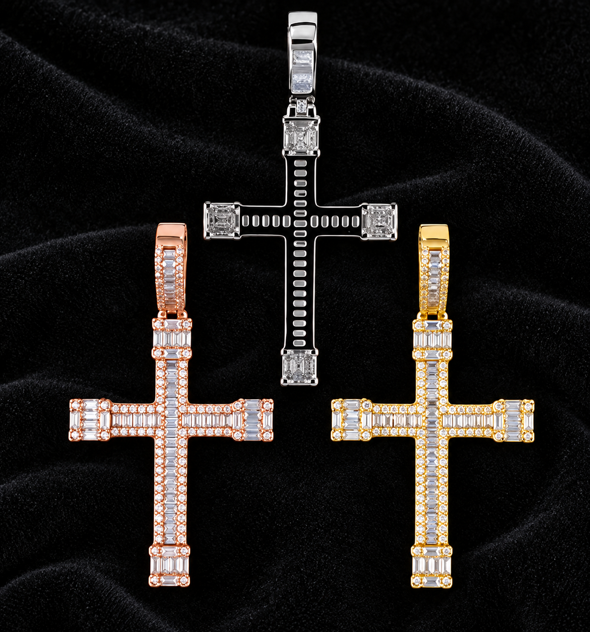 Linear Cross Moissanite Pendant — product design shown on a black background.