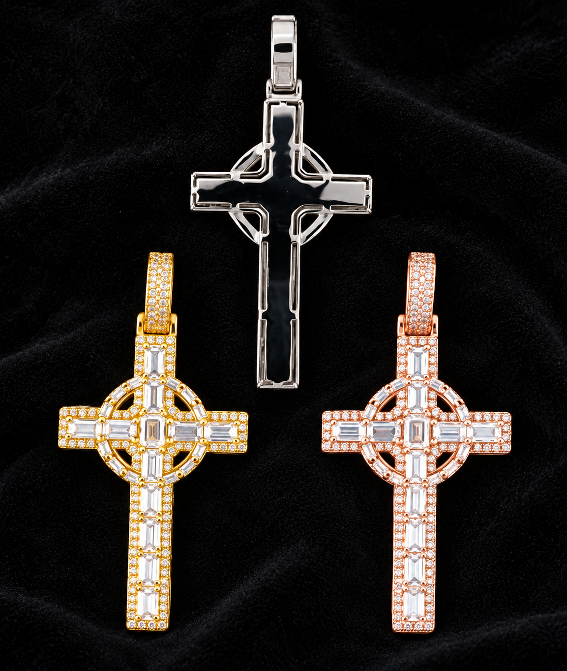 Circle-Frame Cross Moissanite Pendant — product design shown on a black background.