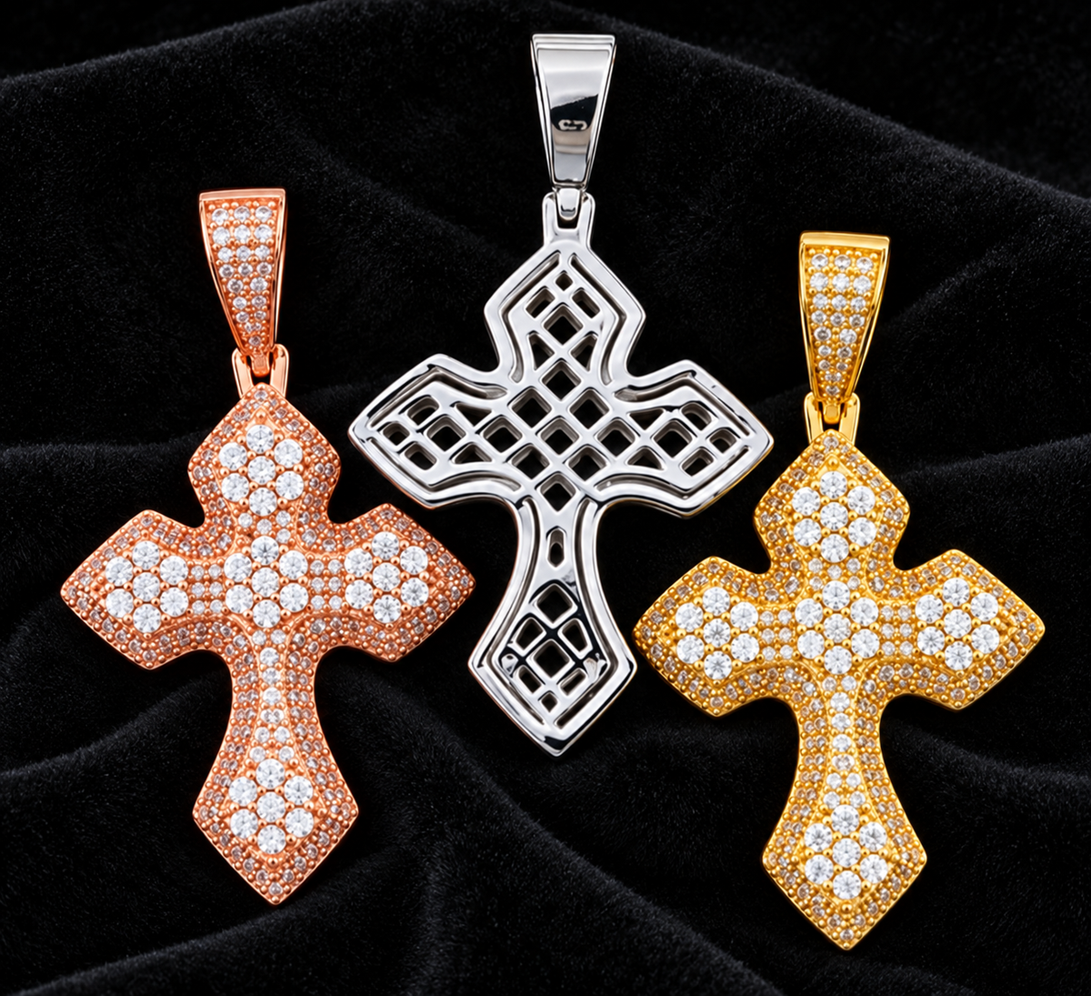 Petal Cross Moissanite Pendant — product design shown on a black background.