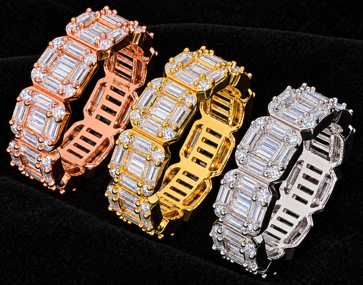 Rectangle-Setting Moissanite Band — product design shown on a black background.