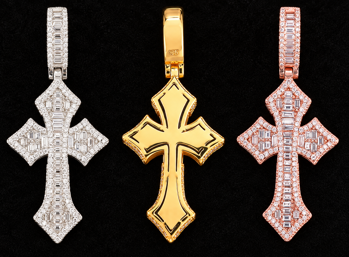 Flared Geometric Cross Moissanite Pendant — product design shown on a black background.