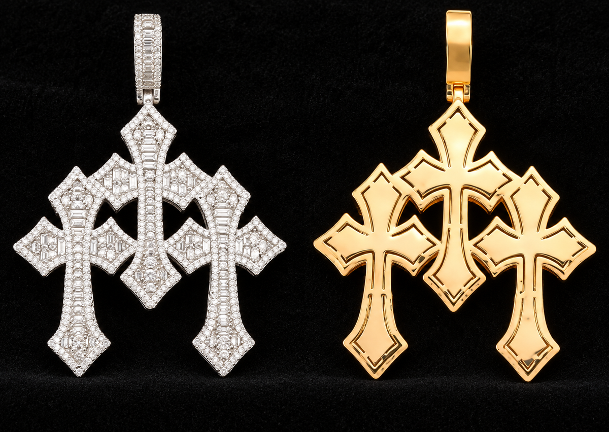 Triple Cross Moissanite Pendant — product design shown on a black background.